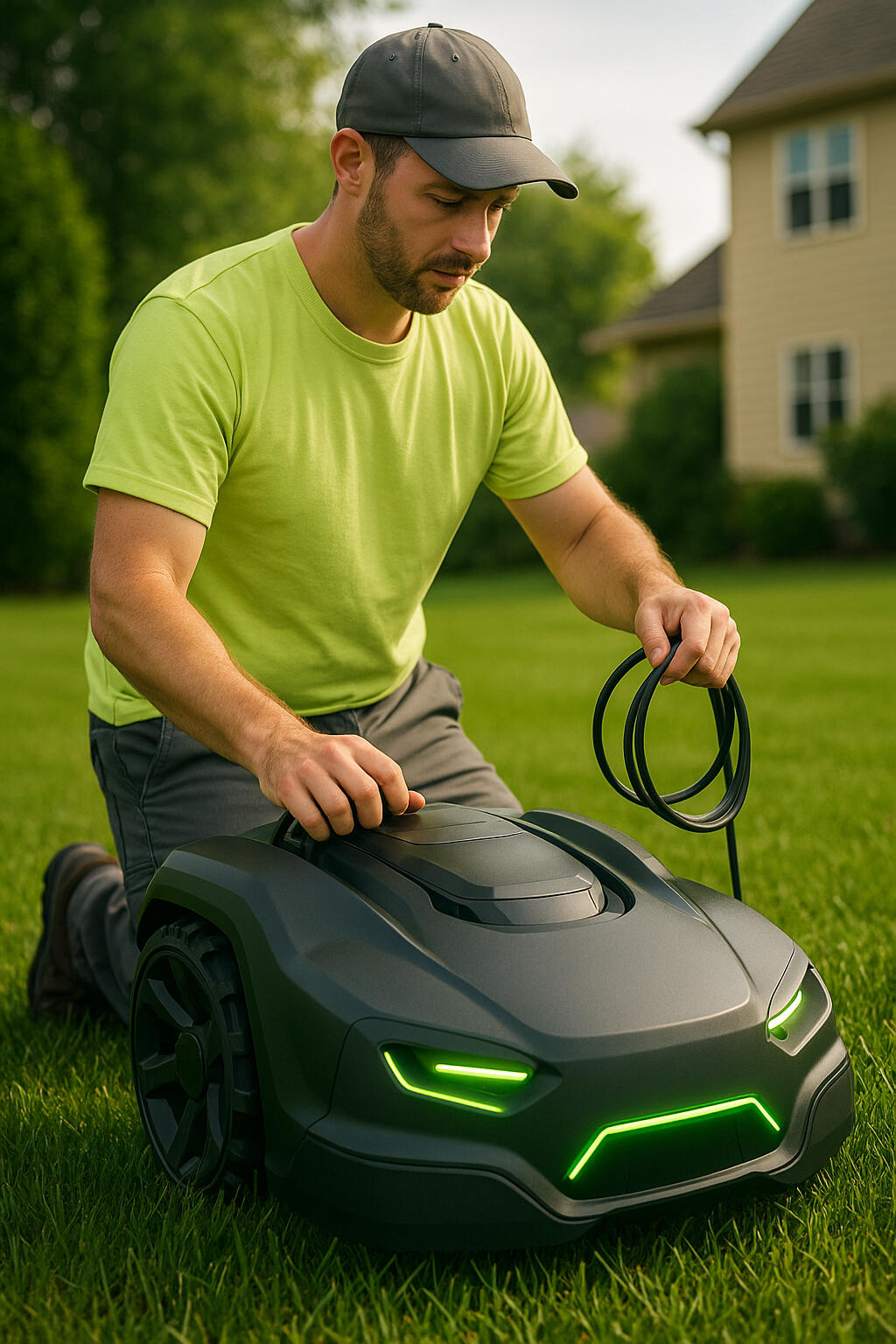 Romow technician guiding mower during setup in White Bear Lake